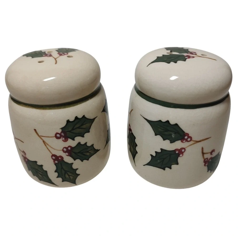Vintage Ceramic Christmas Holly Salt and Pepper Shakers Red Green Holiday Season